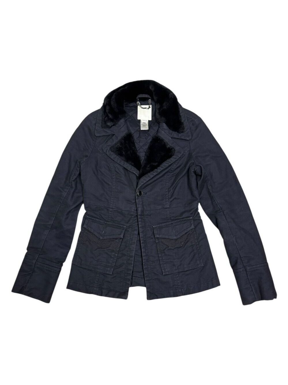 DIESEL Faux Fur Trim Luxury Designer Trench Casual Jacket Coat Womens Medium